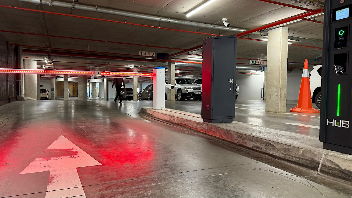 Ellipse shopping center parking, HUB entry lane with barrier