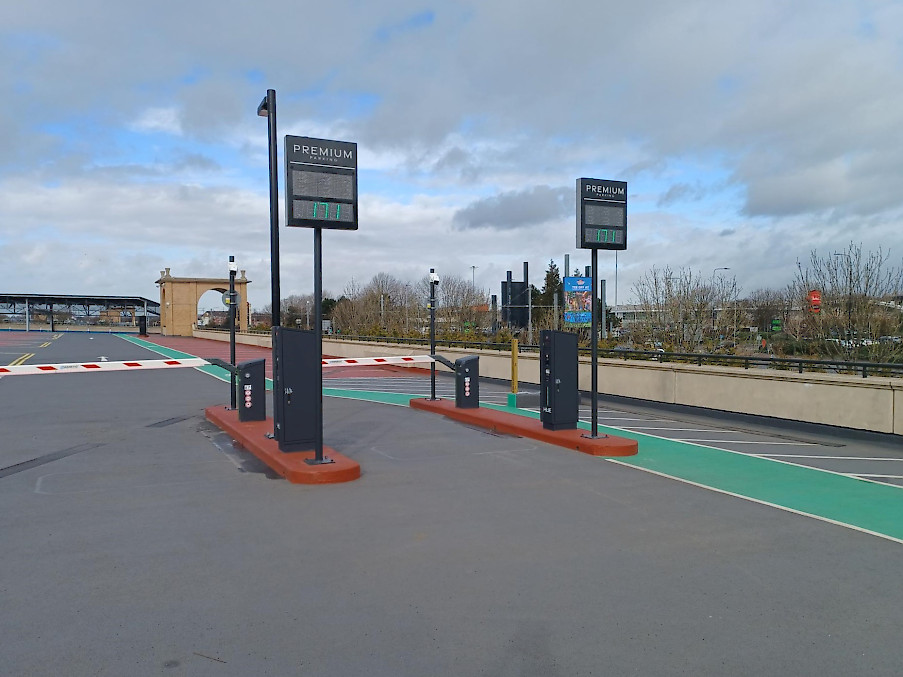 The Trafford Centre Premium Parking entry with barrier and lane stations